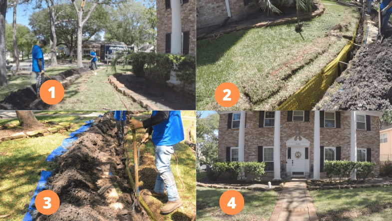 a man is digging dirt in front of a house