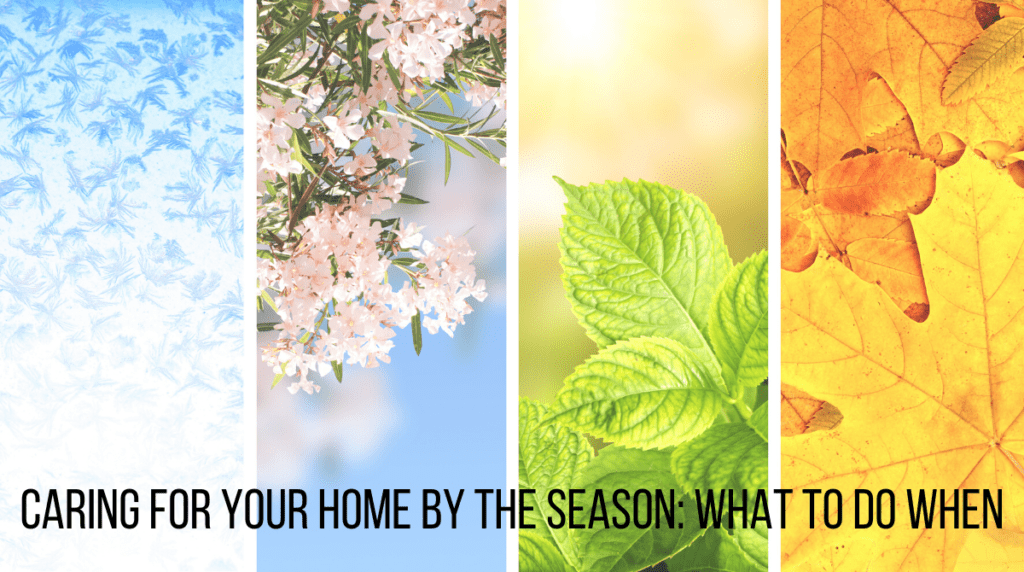 four different pictures with the words caring for your home by the season what to do when it rains