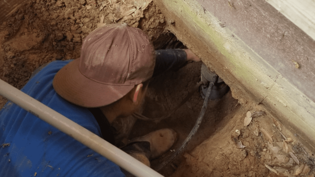 a man in a blue shirt and brown hat working on a pipe