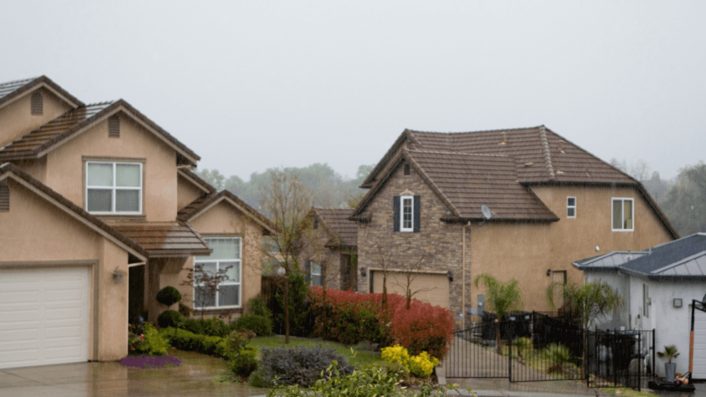 a row of houses in the rain on a cloudy day