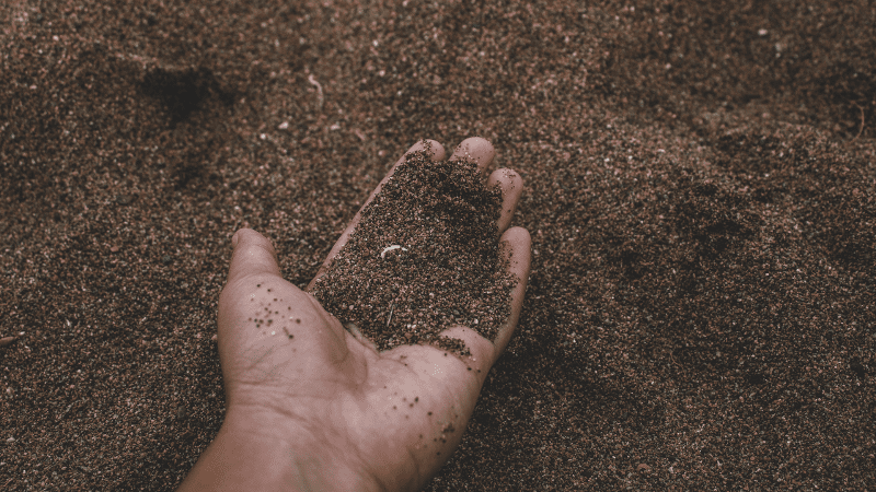 a hand is holding dirt in the sand