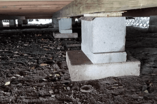 concrete blocks are sitting in the dirt under a bridge