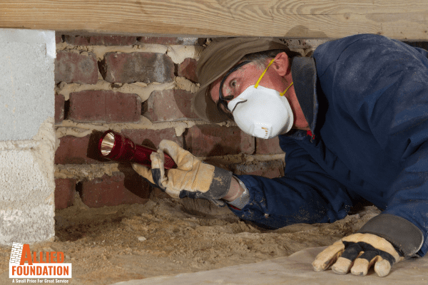 a man wearing a face mask and gloves working on a brick wall