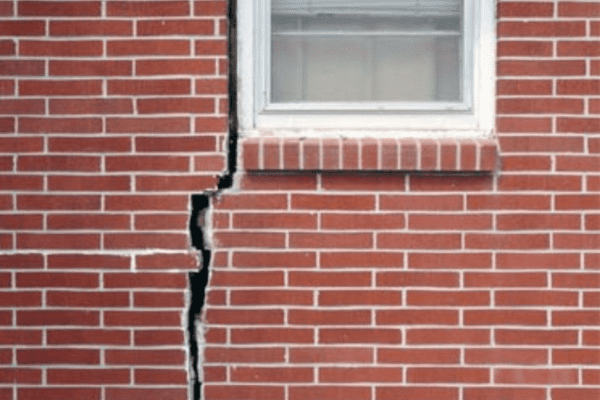 a crack in the side of a brick building